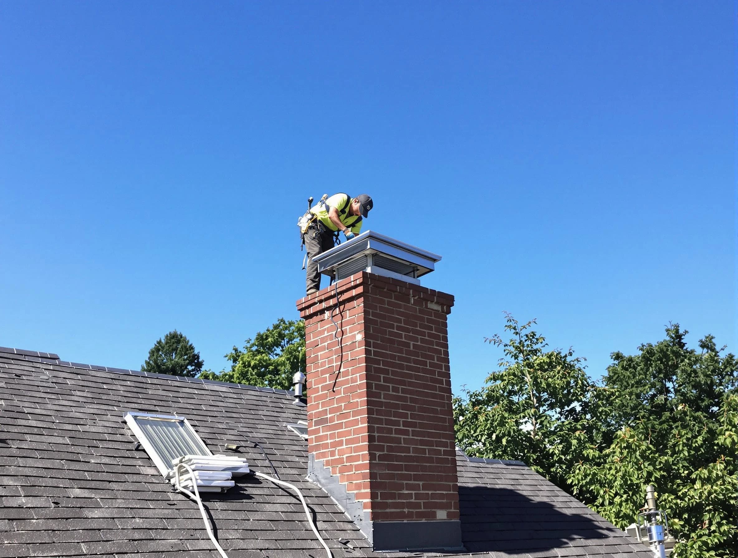 Maplewood Chimney Sweep technician measuring a chimney cap in Maplewood, NJ